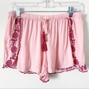 Pink Embroidered Ruffle Hem Shorts